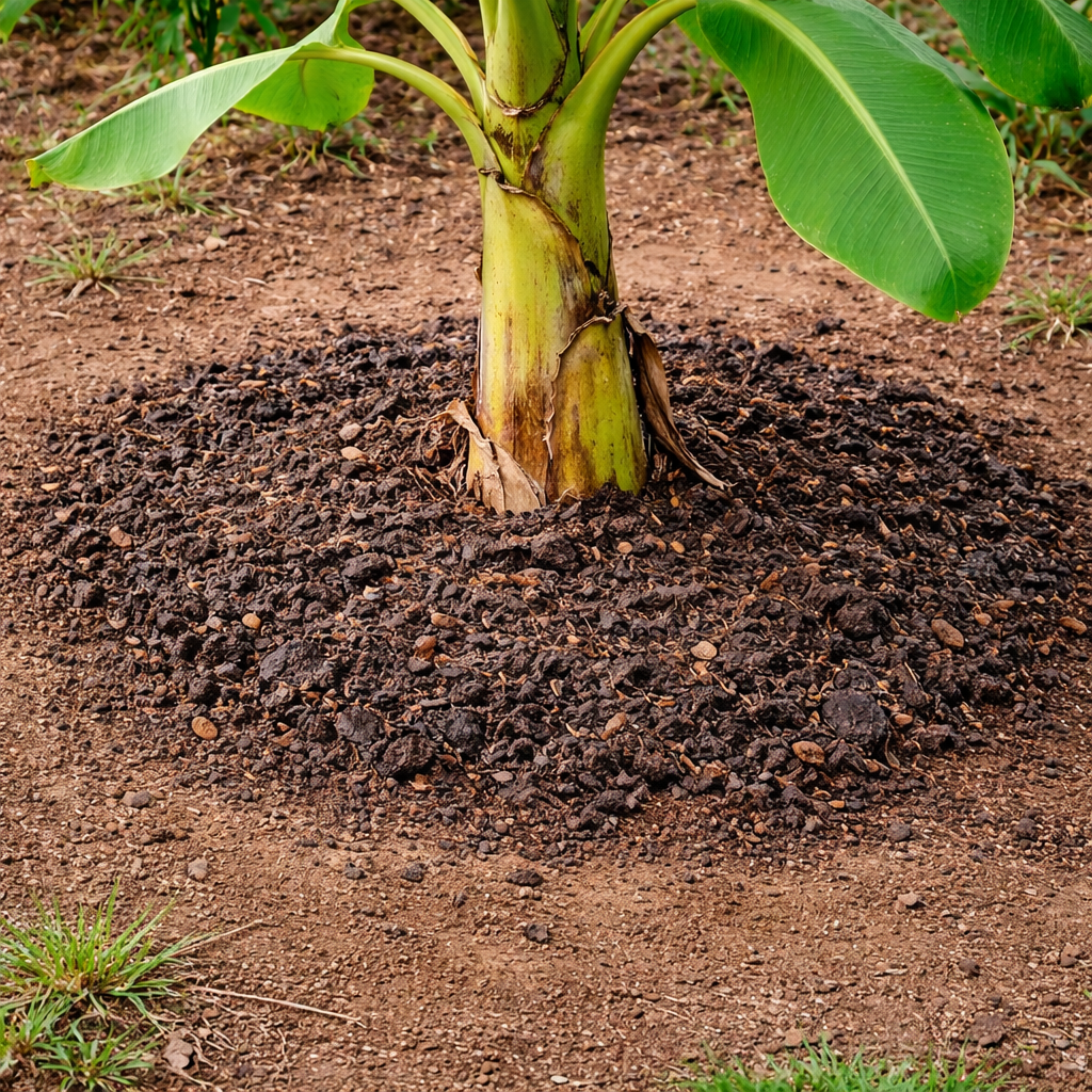 Banana tree roots nourished with compost produced from recycled organic waste