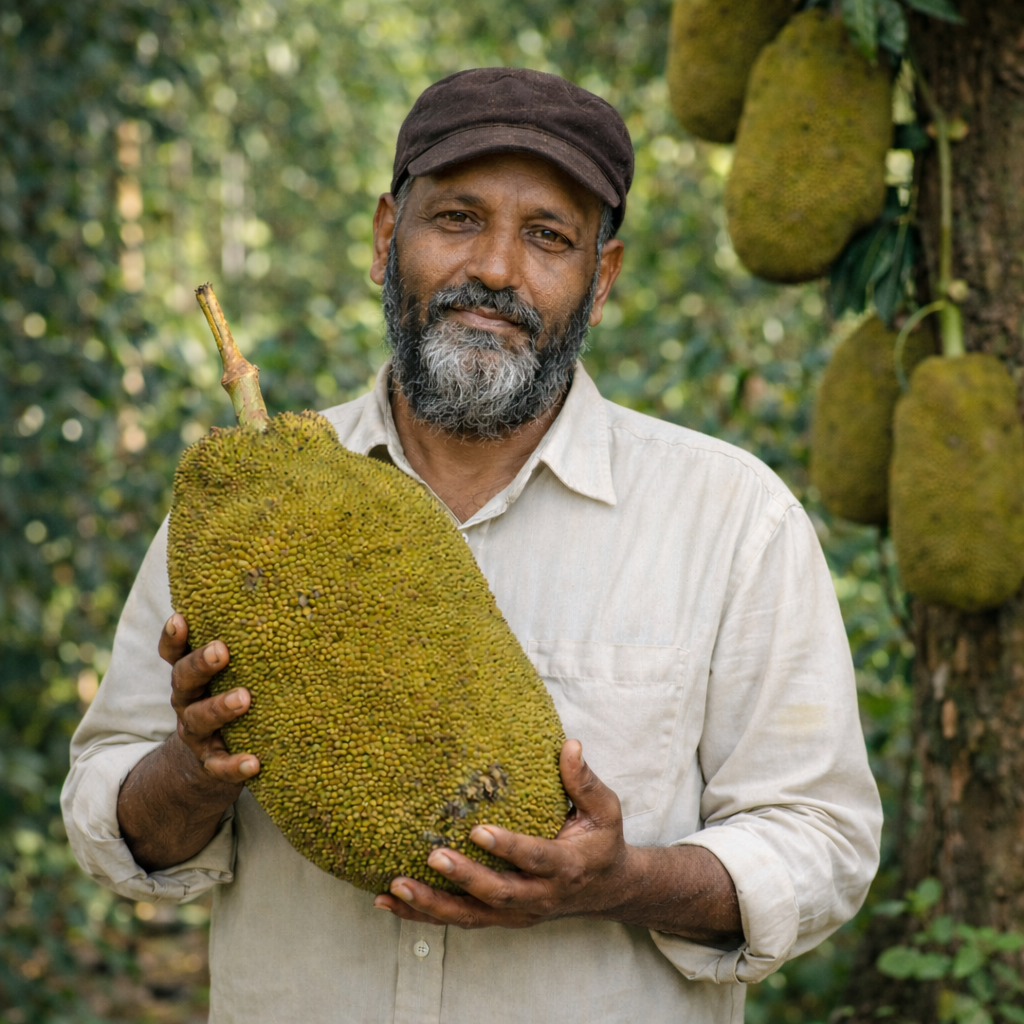 Local farmer holding freshly harvested jackfruit at his farm