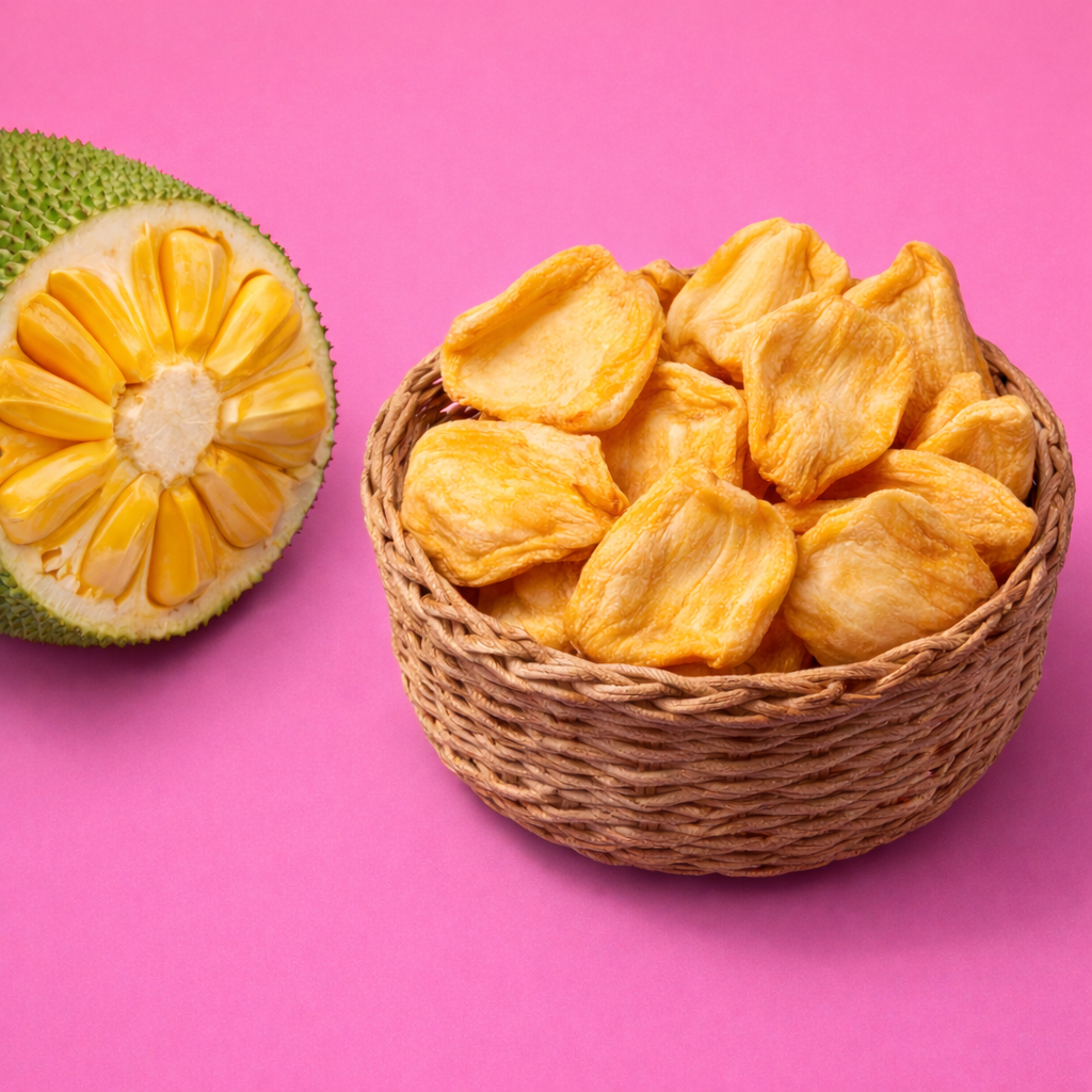 Jackfruit chips in a woven basket with fresh jackfruit on a pink background, made from real ripe jackfruit for a naturally crunchy snack