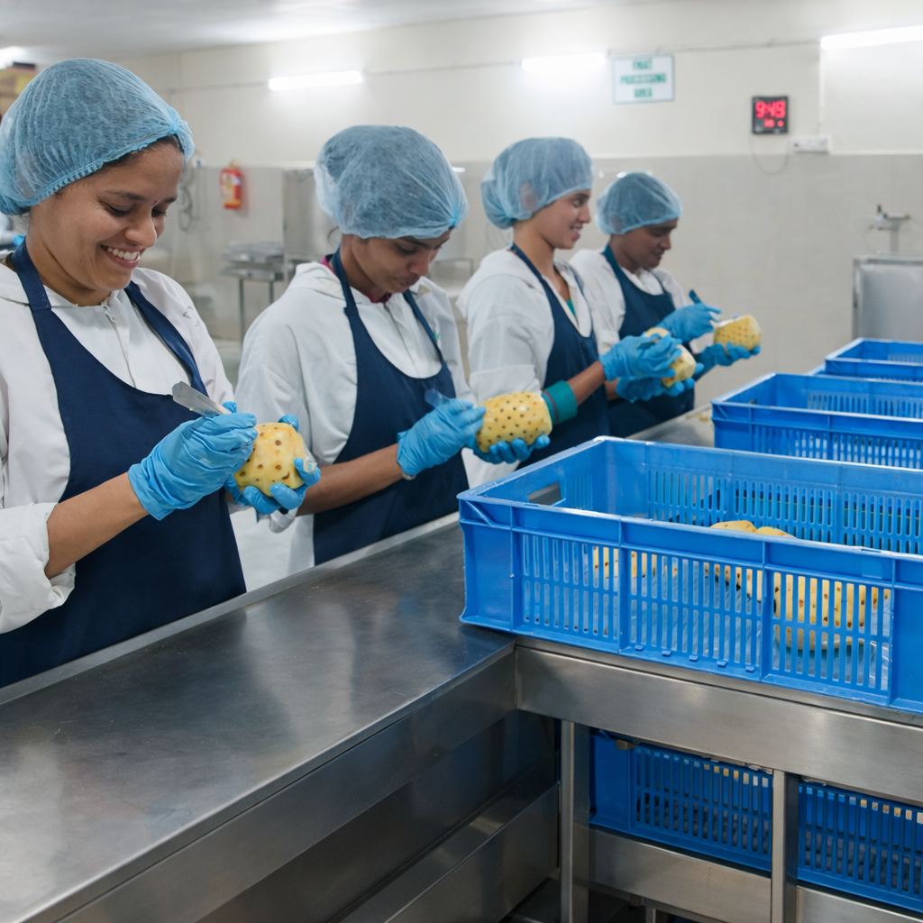 Women workers sorting and packing fresh fruit by hand at the Super Munchies processing facility