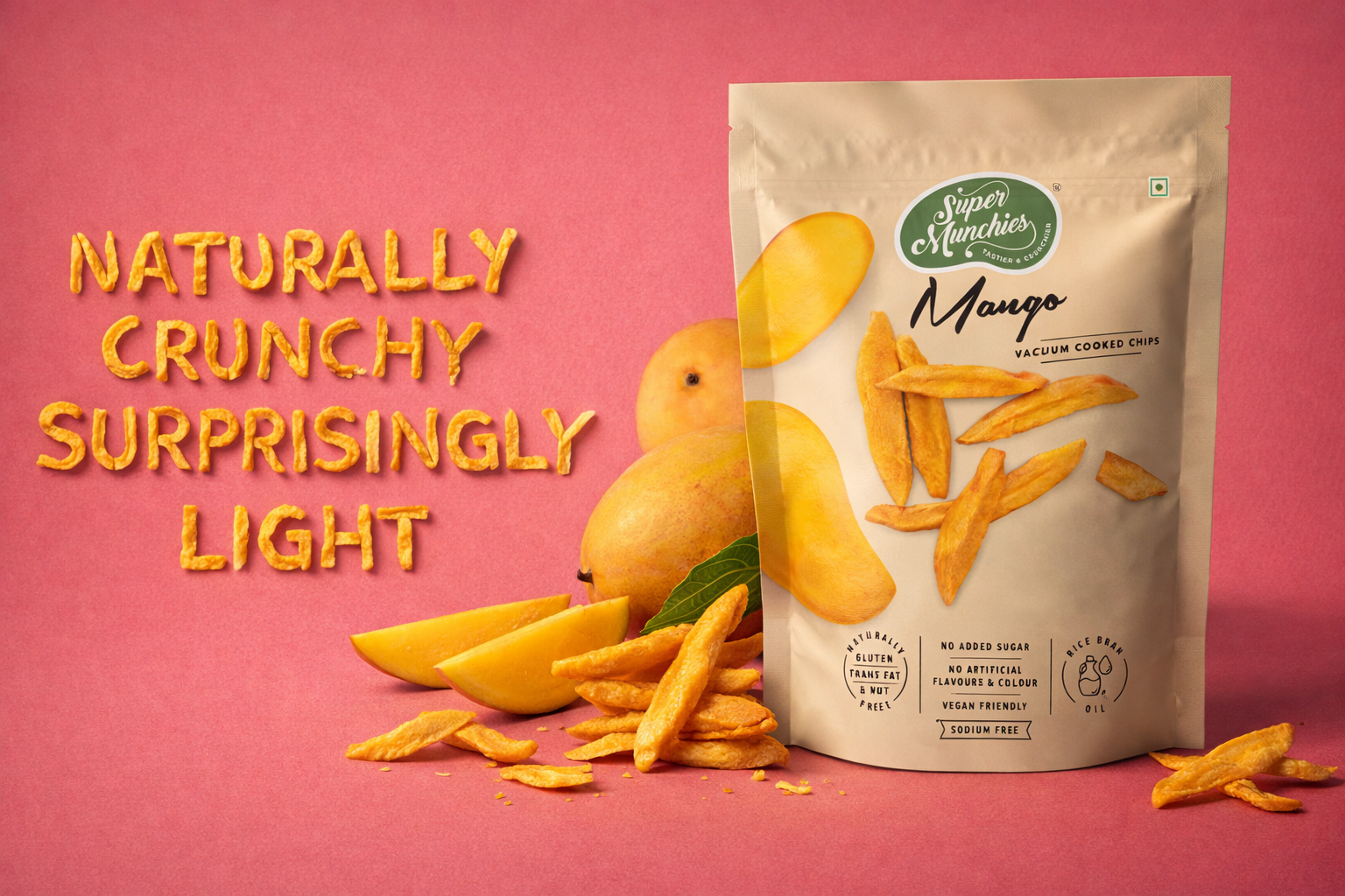 Super Munchies Mango chips pack shown with fresh mango slices and mango chips on a pink background