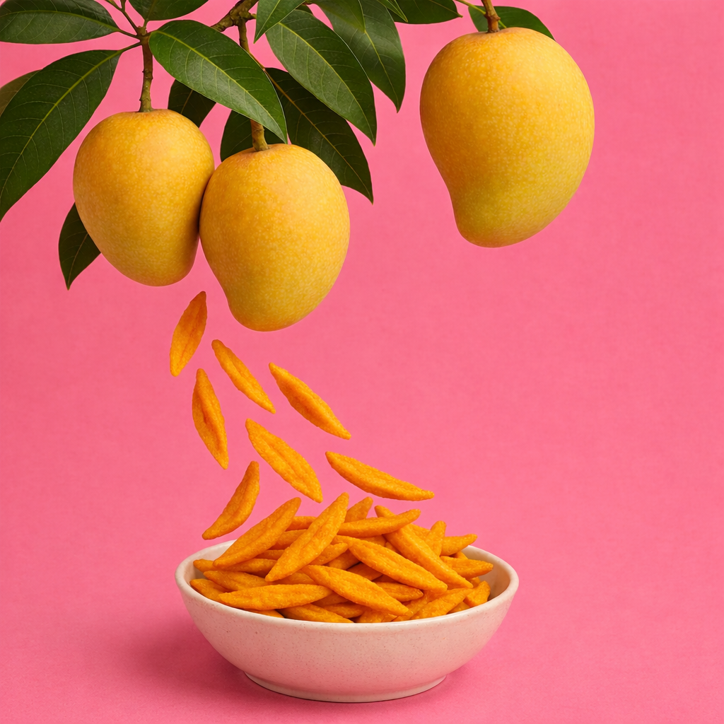 Super Munchies mango chips falling into a bowl from fresh mangoes, crunchy and naturally sweet