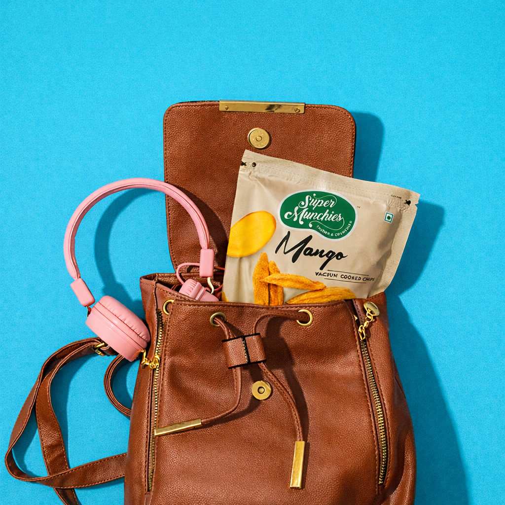 Naturally Sweet Super Munchies Mango fruit chips packet inside a brown leather bag on a blue background