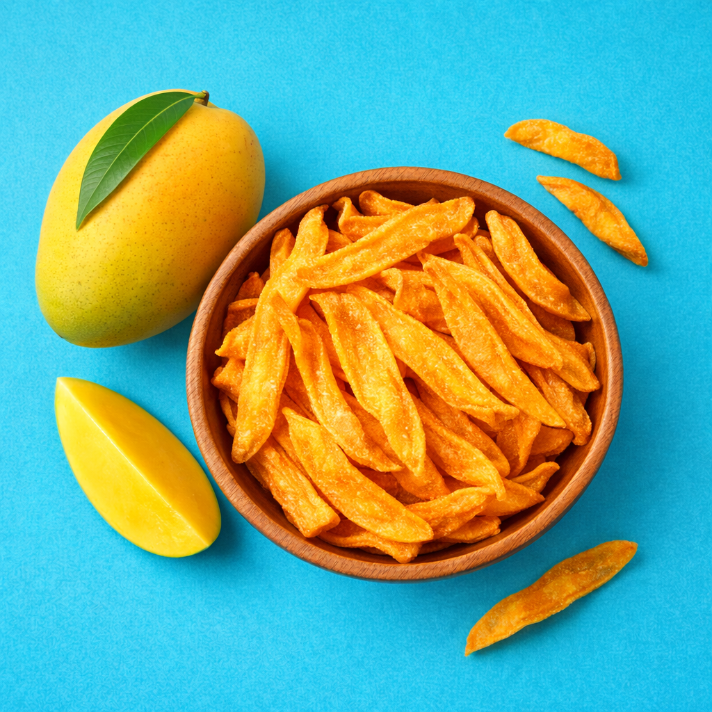Crunchy Super Munchies mango chips in a wooden bowl with fresh mango, naturally sweet