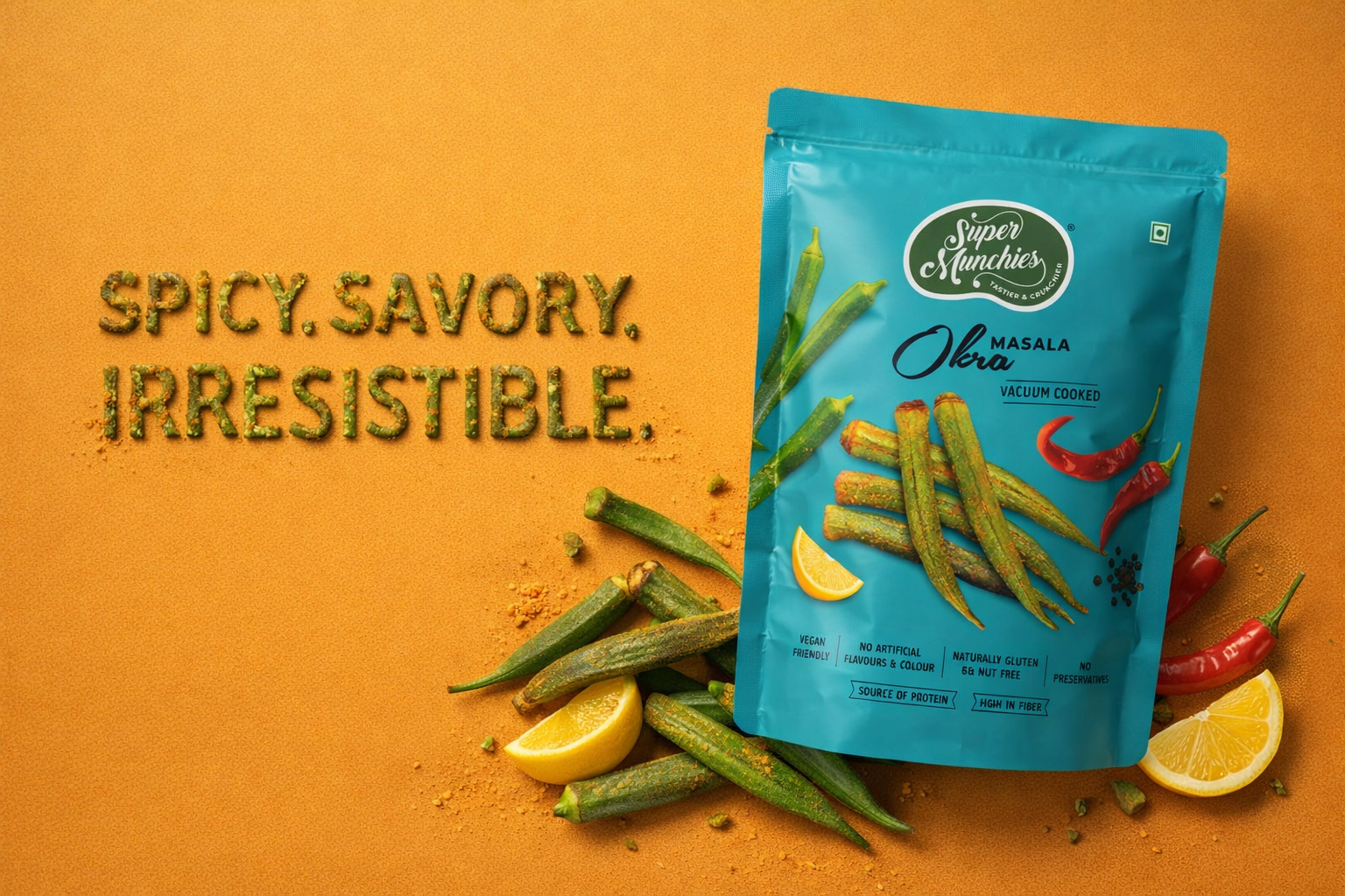 Super Munchies Masala Okra vacuum-cooked veggie chips snack pack with spicy okra, red chilies and lemon on orange background