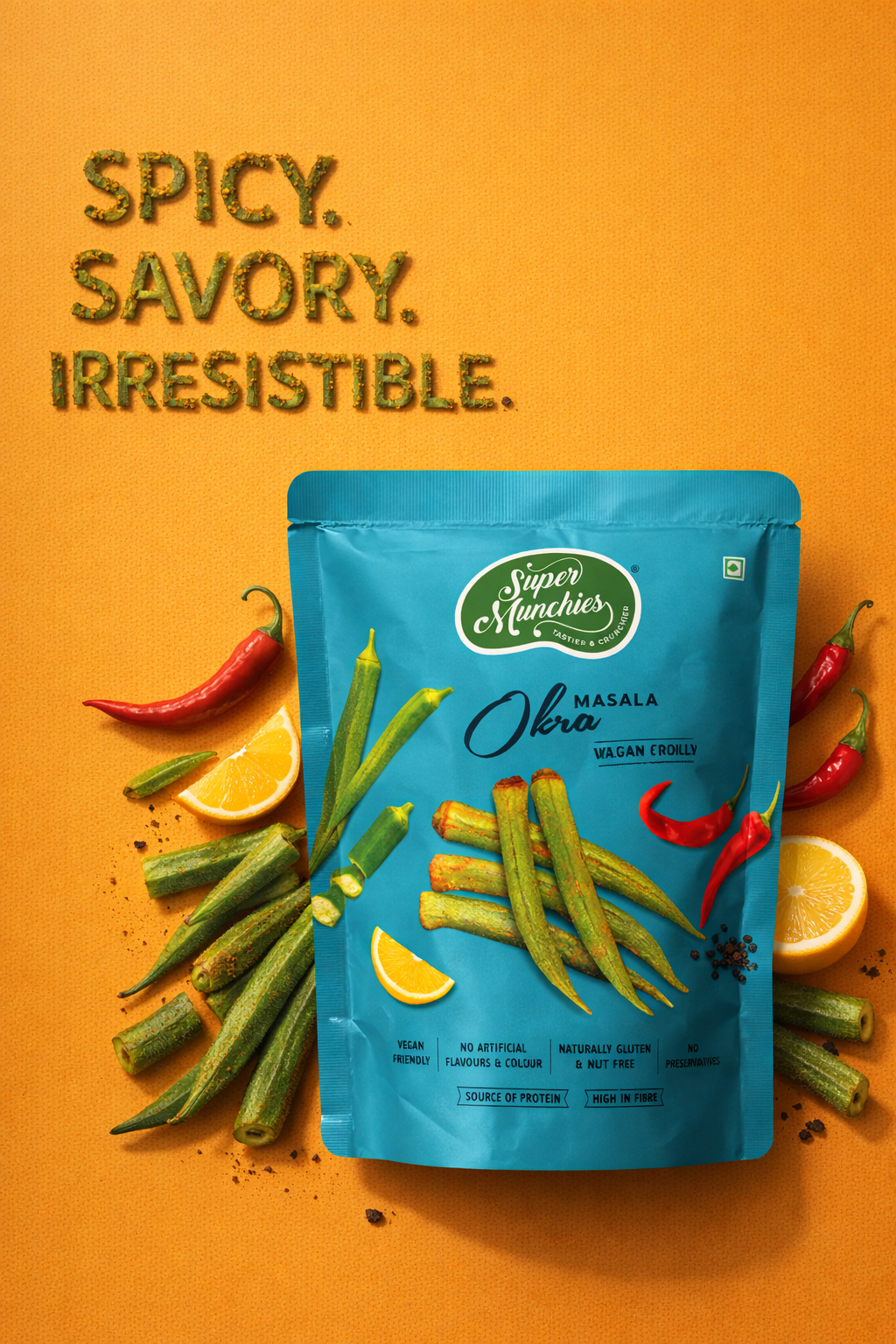 Super Munchies Masala Okra vacuum-cooked veggie chips snack pack with spicy okra, red chilies and lemon on orange background
