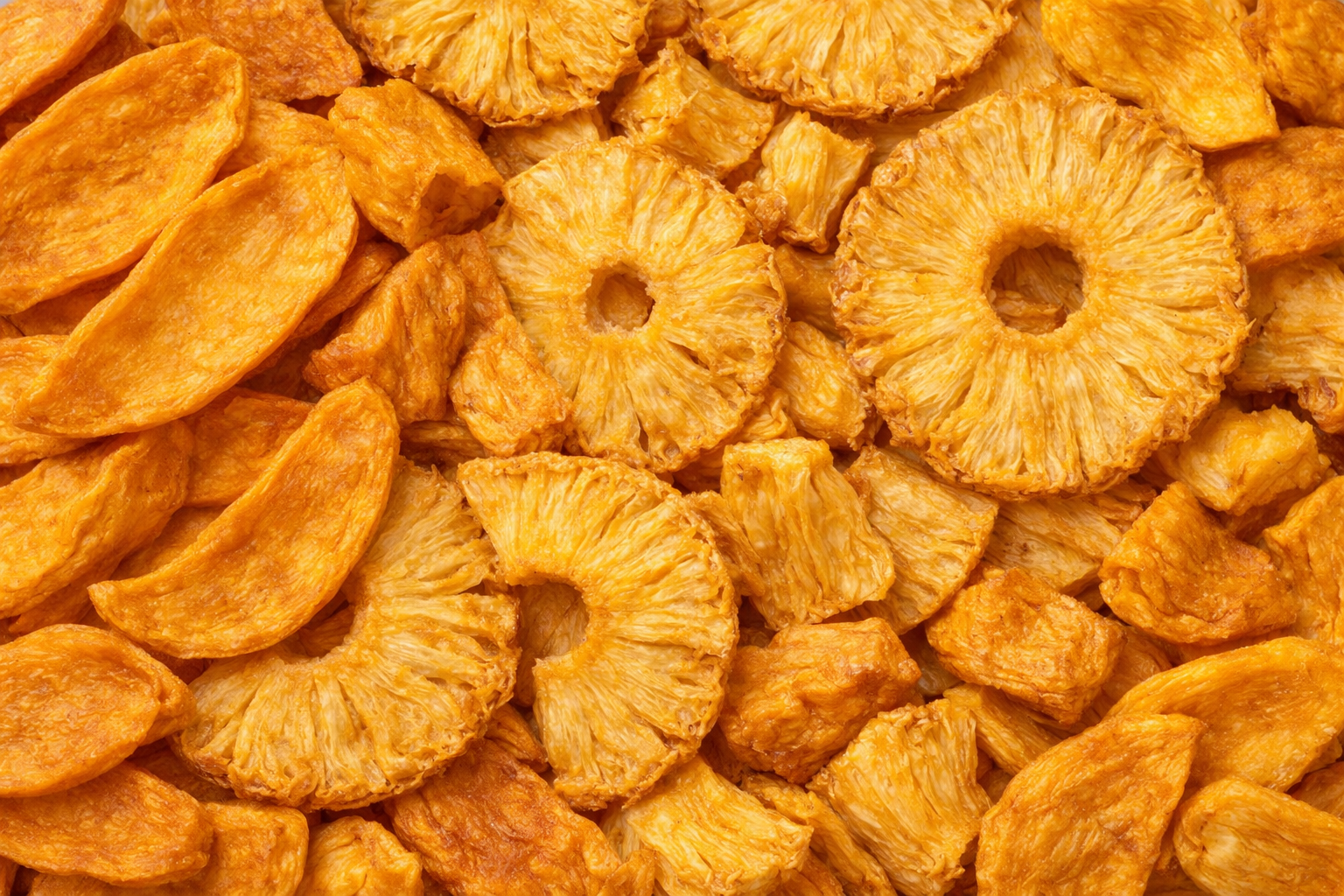 Naturally sweet and crunchy fruit chips made from jackfruit, mango, and pineapple