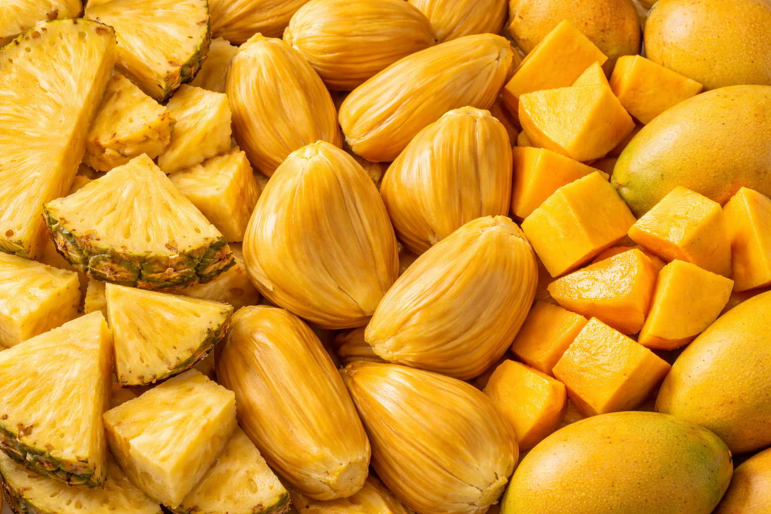 Freshly cut jackfruit, mango, and pineapple pieces before processing