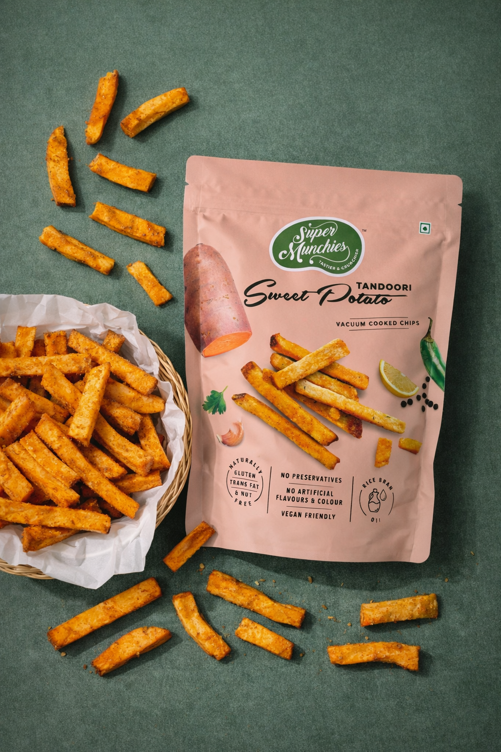 Super Munchies Tandoori Sweet Potato chips shown in a pink pack with spiced sweet potato fries scattered on a green background